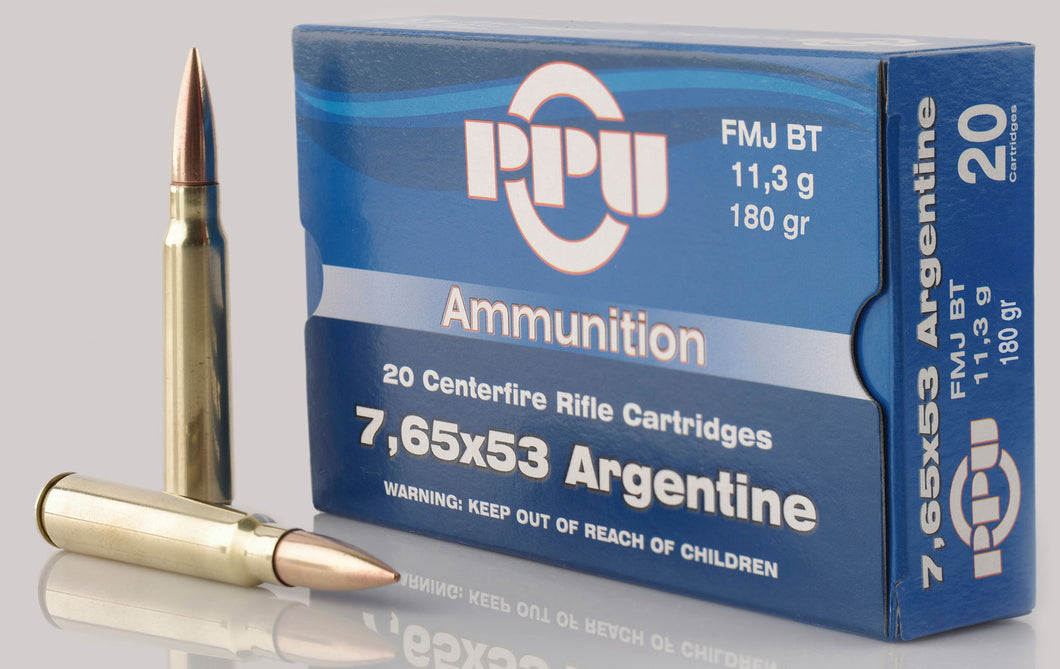 PPU 7.65x53mm Argentine 180 gr Soft Point Boat-Tail (SPBT) 20 Bx PP7AS